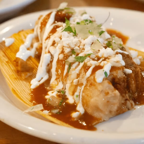 A Loteria Grill tamale, topped with red sauce, crema, crumbled cheese, and herbs, on a white plate.
