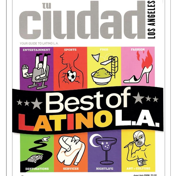 Tu Ciudad magazine cover with "Best of Latino L.A." and various illustrated categories like Food and Nightlife.