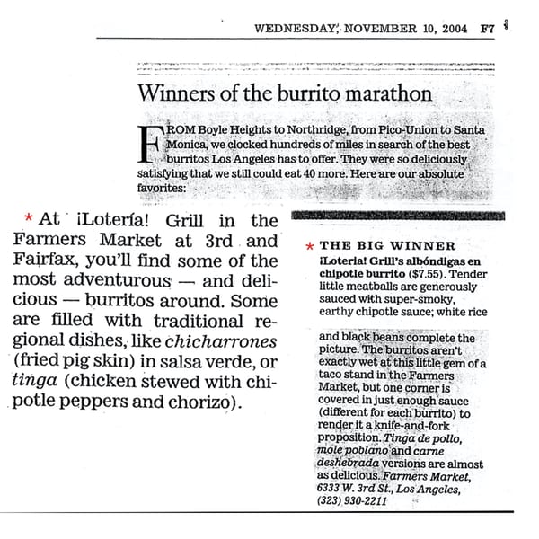 A newspaper clipping from November 10, 2004, titled "Winners of the burrito marathon" featuring Loteria Grill.