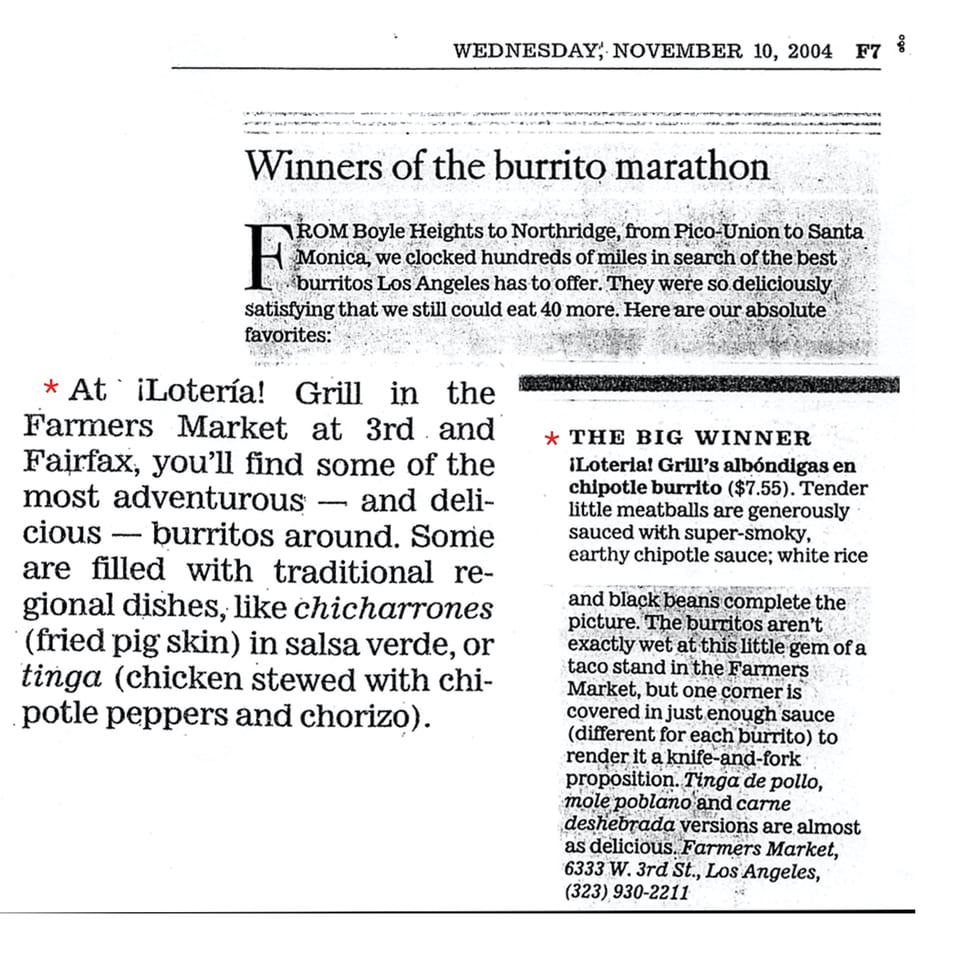 A newspaper clipping from November 10, 2004, titled "Winners of the burrito marathon" featuring Loteria Grill.